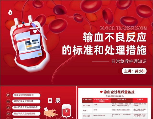 红色插画简约风输血不良反应的标准和处理措施知识科普PPT模板