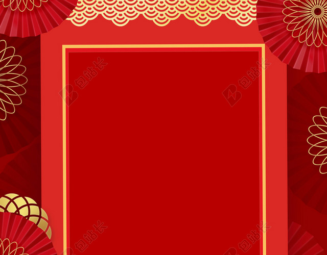 红色扇子简约边框中国风春节海报