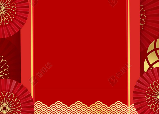 红色扇子简约边框中国风春节海报