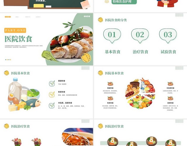 黄色绿色简约插画实拍饮食健康分享会饮食护理技术PPT模板