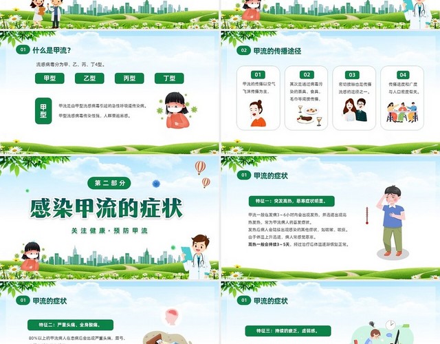 绿色清新关注健康预防甲流甲型流感病毒知识科普讲座PPT
