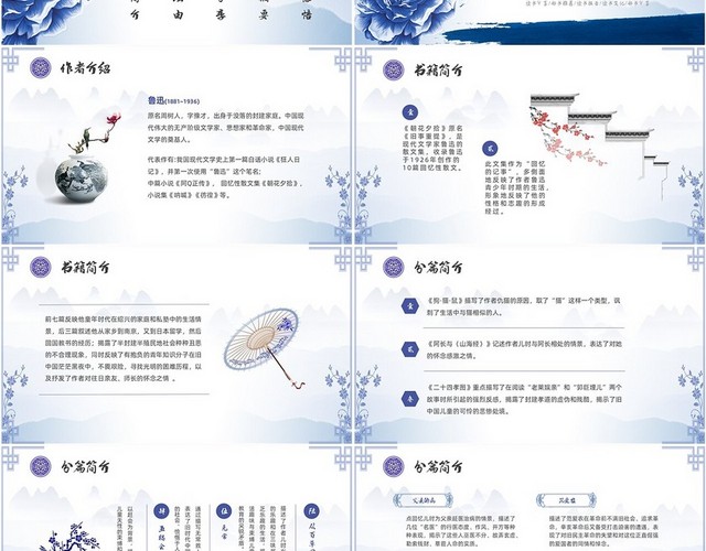 中国风青花瓷名著阅读朝花夕拾读书分享PPT