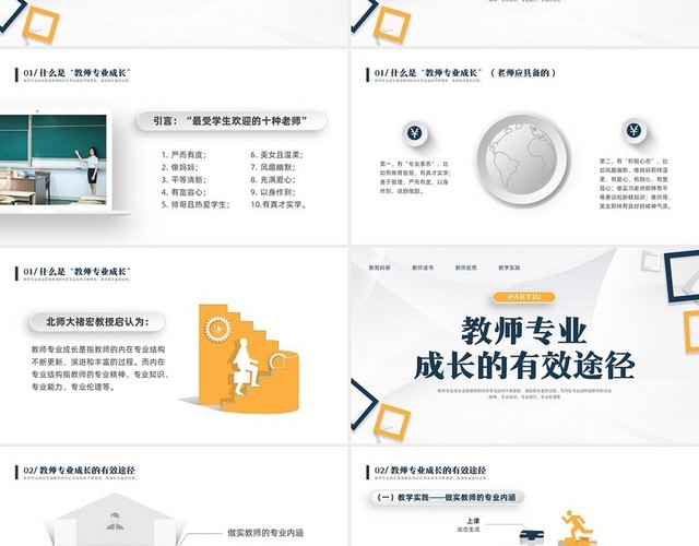 黄蓝微立体教师专业成长教师专业发展PPT模板