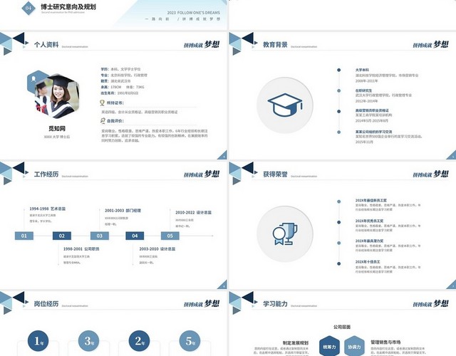 大气稳重蓝色简约博士入学复试汇报个人介绍答辩PPT模板