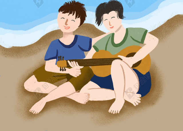 海边弹吉他青年背景图