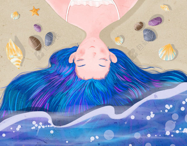 手绘蓝色少女与海插图