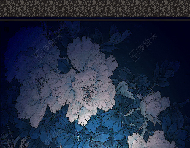 深蓝色水墨花卉H5背景素材