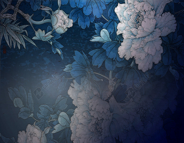 深蓝色水墨花卉H5背景素材