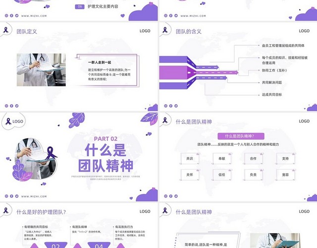 紫色商务护理团队与文化建设PPT模板