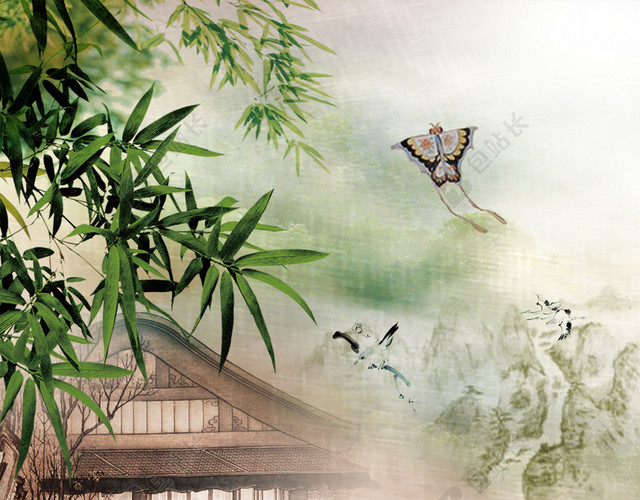 清明节青绿色春季水墨H5背景