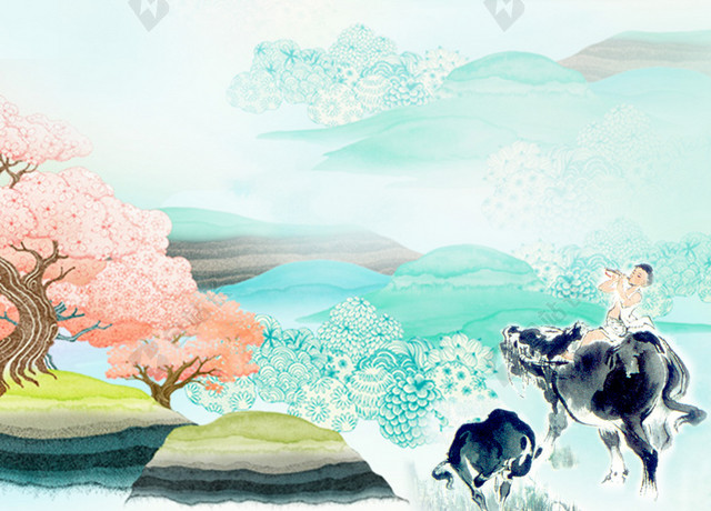 中国风牧童暖春清明节海报背景素材