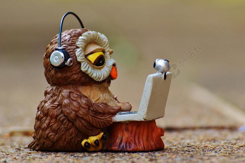 棕色销售滑稽猫头鹰玩电脑玩偶宣传背景图片