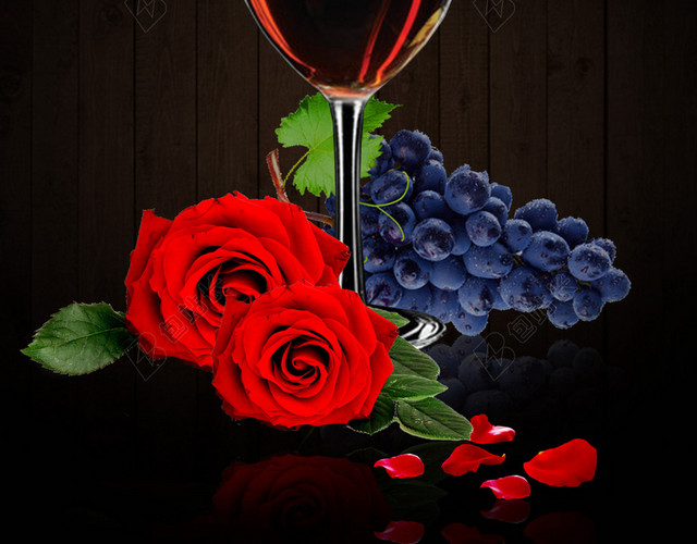 黑色简约红酒杯玫瑰花
