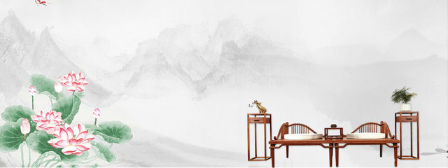中国风文艺家装荷花山河古典BANNER
