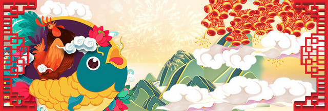 鸡年镂空山脉祥云纹样鞭炮背景