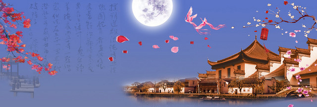 古典建筑花瓣月亮蓝色背景BANNER