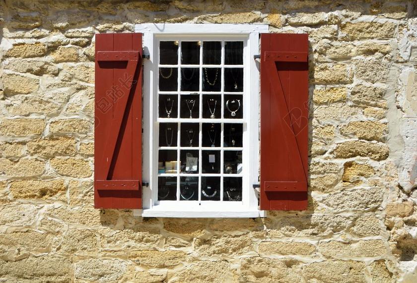 建筑纹理石头墙和窗户宣传背景图片