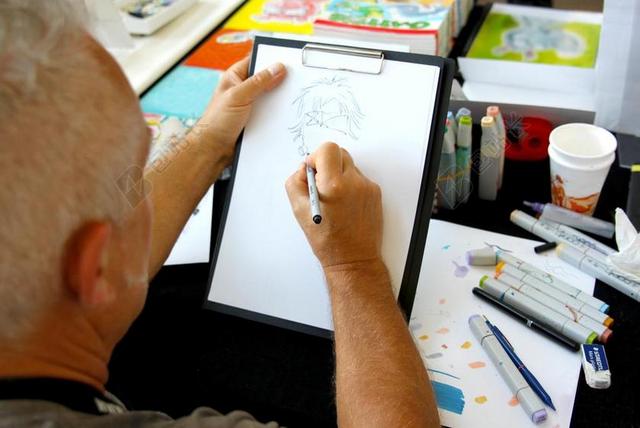 教育写实漫画家手绘漫画过程宣传背景图片