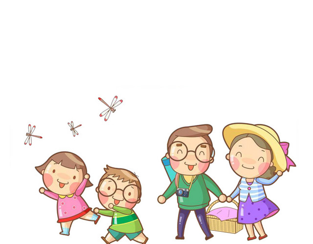 全家出游，追赶蜻蜓的小孩们