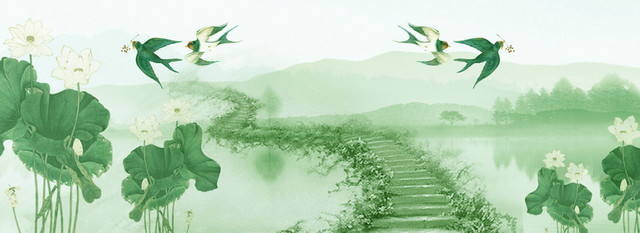 上新手绘绿色海报BANNER荷花背景