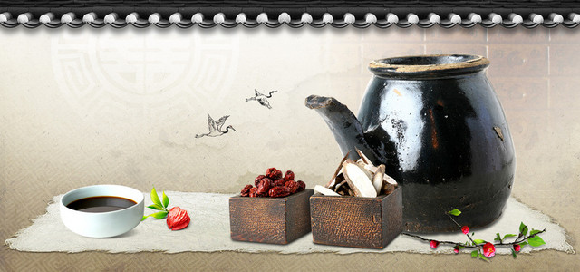 中药养生药材仙鹤灰色背景海报BANNER