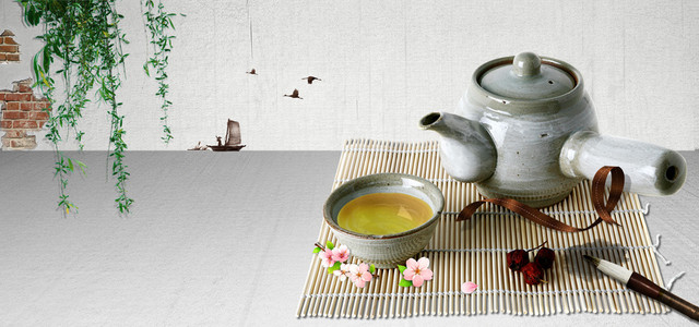 中国风柳枝茶具毛笔养生海报BANNER
