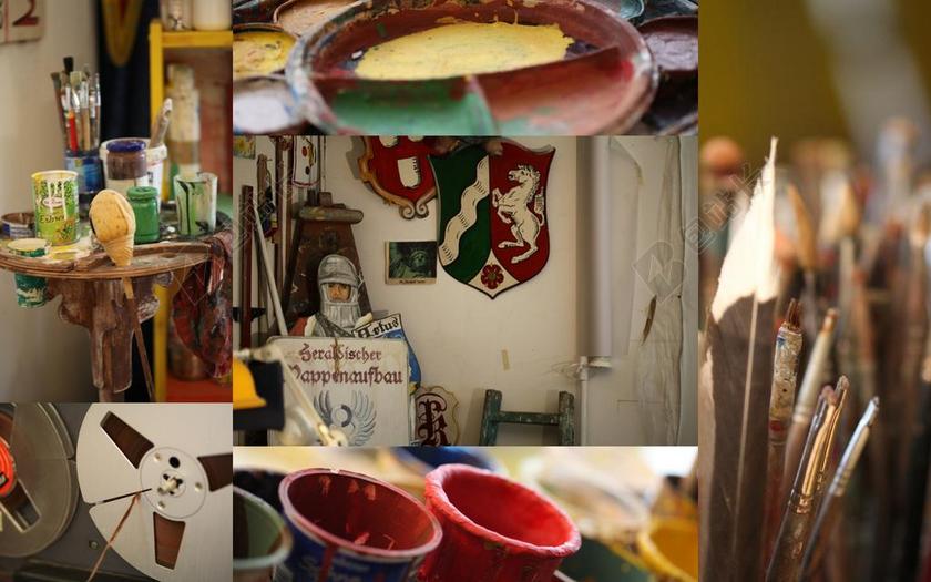 油漆刷 纹章 绘画的徽章 脚本的画家 范围 工作室 油画工作室