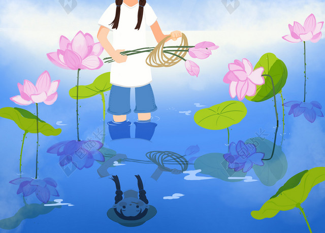 夏天女孩水中采荷