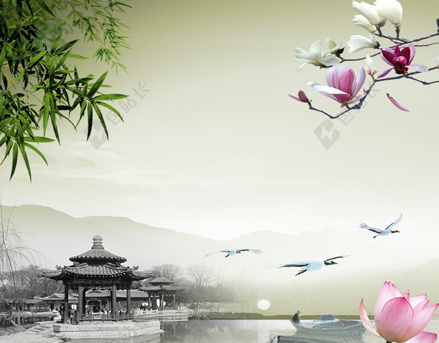中国风湖面荷花轻舟背景