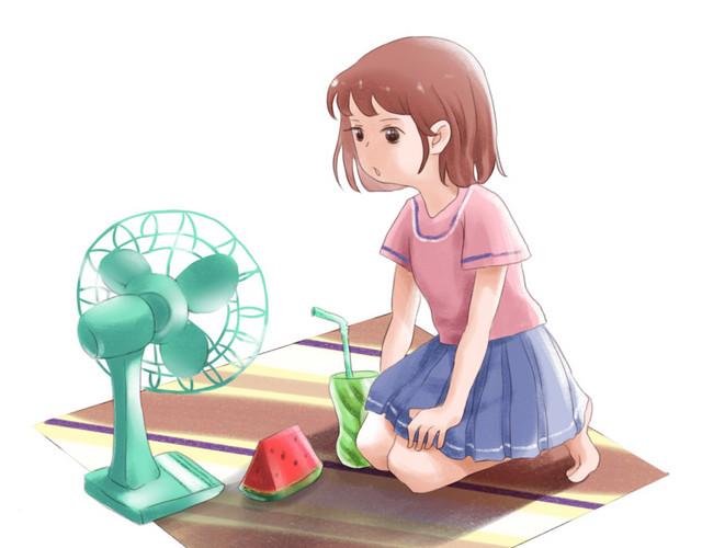 大暑女孩吹风扇吃西瓜插画