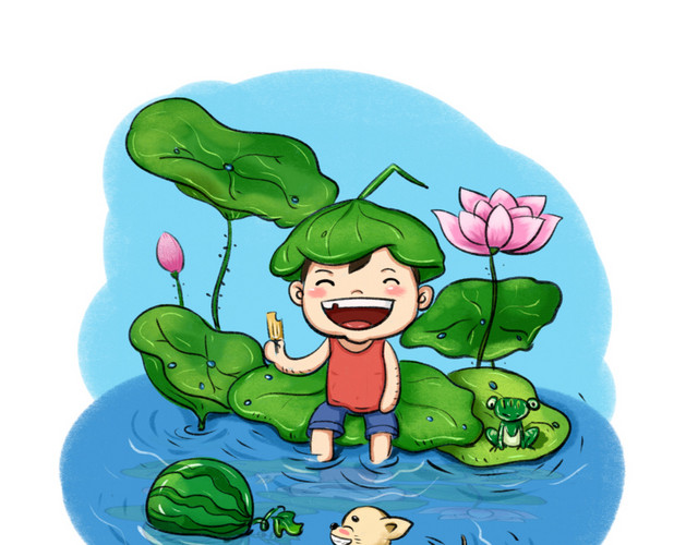 夏至清新荷花吃冰棍可爱男孩儿