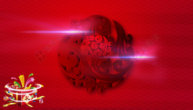 中国风祥云圆球礼物盒红色背景素材