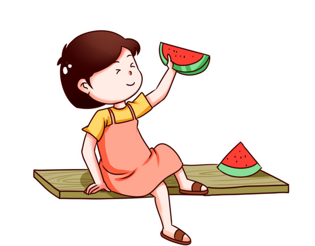 夏季吃西瓜女孩插画