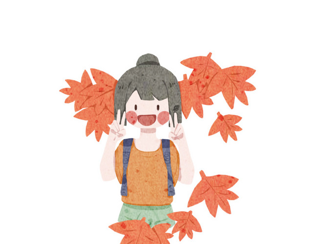 国庆小树林旅游女孩枫叶插画