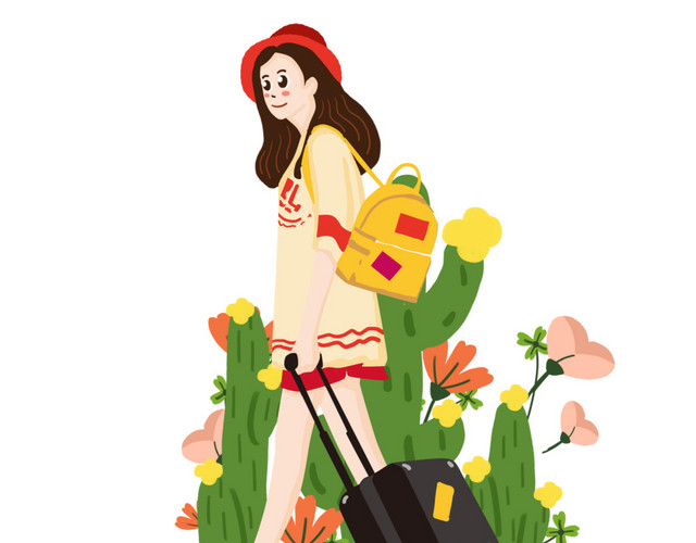 手绘卡通旅途中的女孩