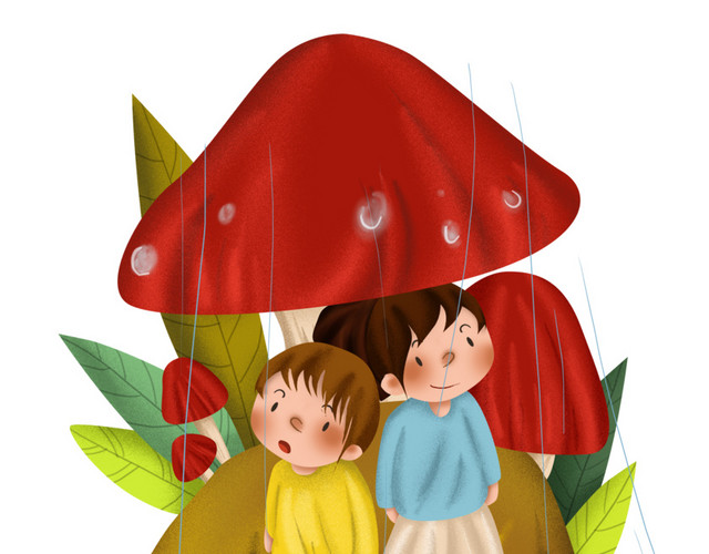 秋游手绘蘑菇下避雨的女孩