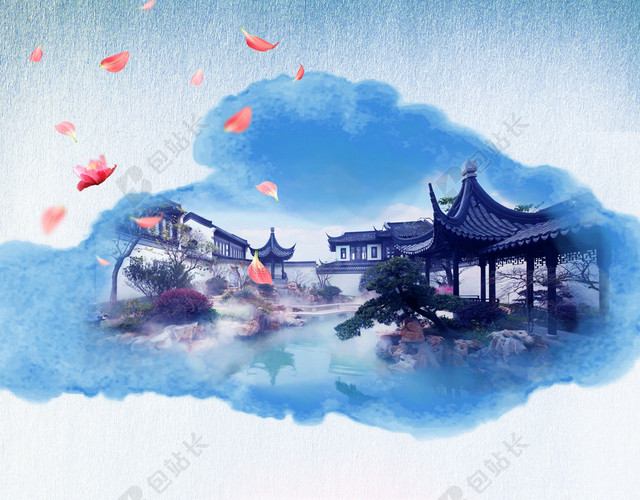 水墨纹理美丽苏州旅游海报背景素材