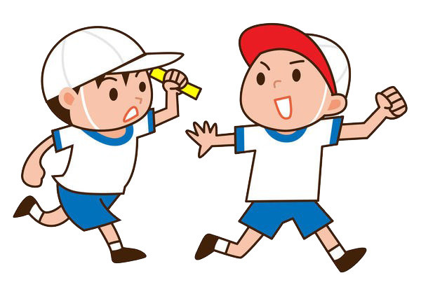 戴帽子的小孩传递接力棒