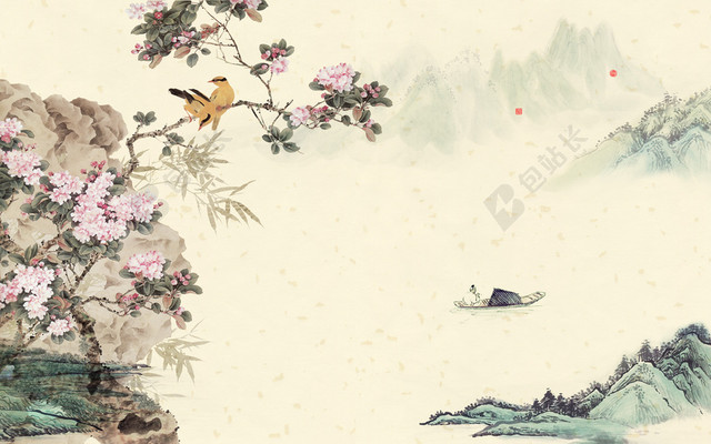 中国风工笔山水家居装饰画海报背景PSD