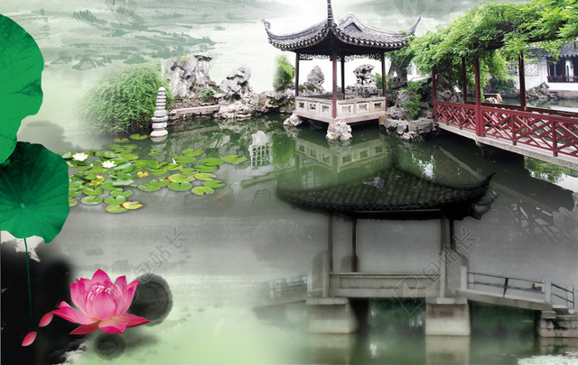 水墨风景凉亭背景