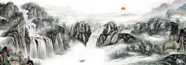 淘宝山水水墨黑白色海报BANNER背景