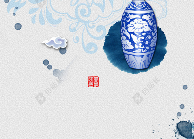 蓝色淡雅中国风青花瓷海报背景