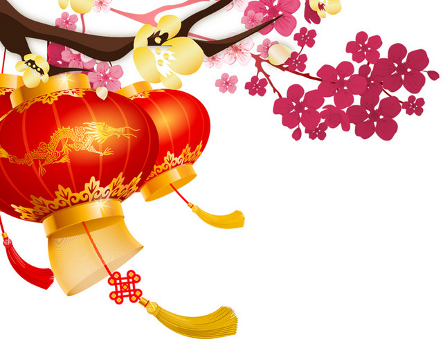 红色梅花灯笼配景图案
