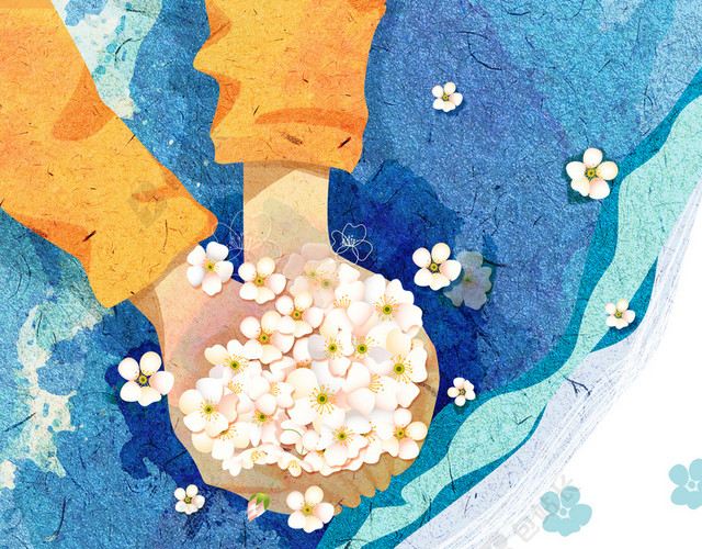 手绘插画4月你好海报背景模板