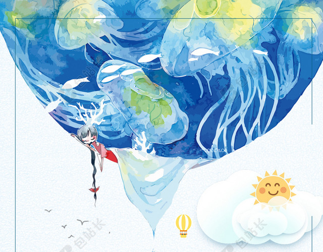 手绘夏日蓝色海洋水母小女孩小清新背景