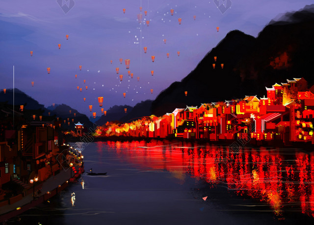 手绘镇远古镇旅游景点夜景