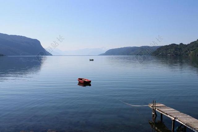 挪威 船 划艇 全景 峡湾 水 码头 太阳 夏天