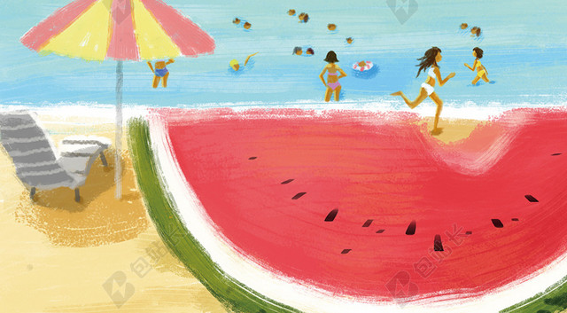 青色卡通插画夏天海报背景