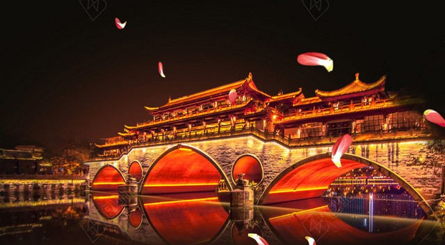 黑色炫彩夜景成都旅游旅行社塔桥旅游海报