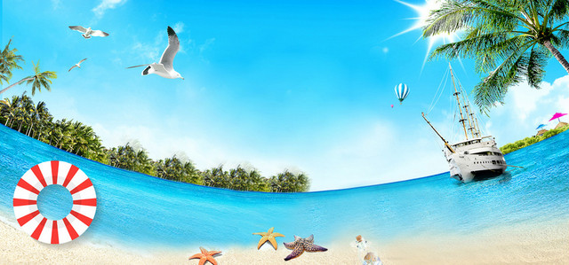 夏天海边度假弧度创意景色蓝色背景